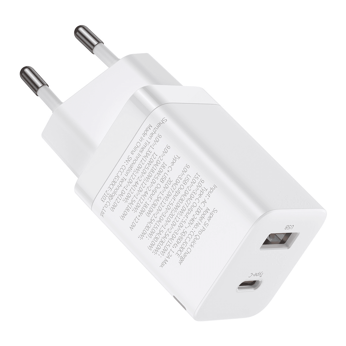 Baseus adapter hišni polnilec Super-Si Pro QC vhod Type C in Type A (EU Blister) - bel