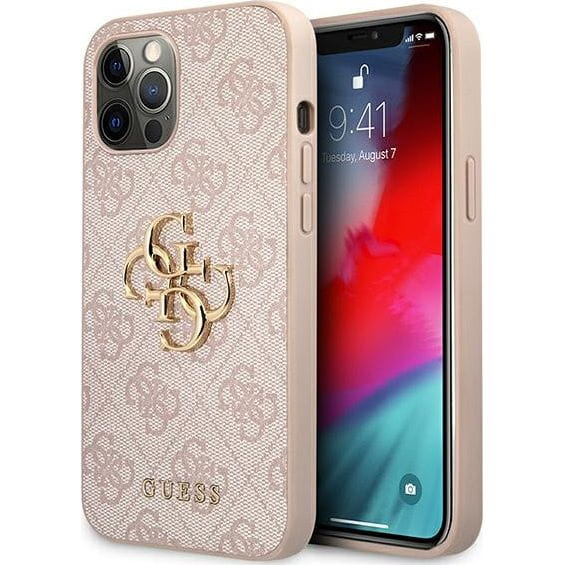 GUESS GUHCP12M4GMGPI  silikonski ovitek za iPhone 12 / iPhone 12 Pro - roza z zlatim logom