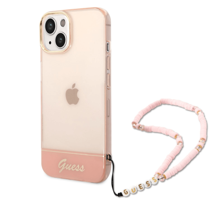 GUESS GUHCP14MHGCOHP za iPhone 14 Plus - roza silikonski ovitek s perla zapestnico