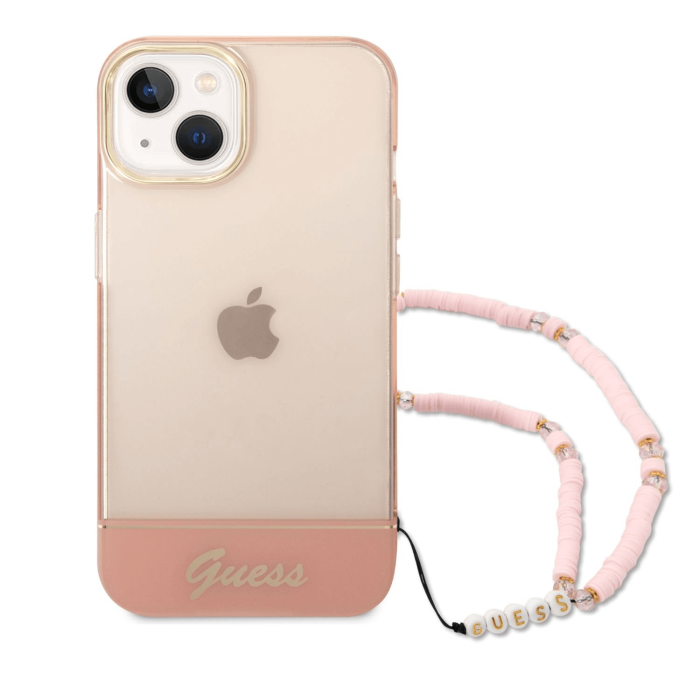 GUESS GUHCP14MHGCOHP za iPhone 14 Plus - roza silikonski ovitek s perla zapestnico