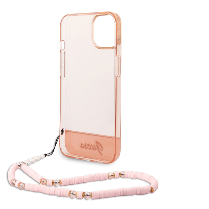 GUESS GUHCP14MHGCOHP za iPhone 14 Plus - roza silikonski ovitek s perla zapestnico