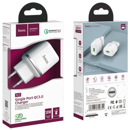 HOCO pametni hišni polnilec adapter N3 18W z 3.0 QC USB vtičem bel