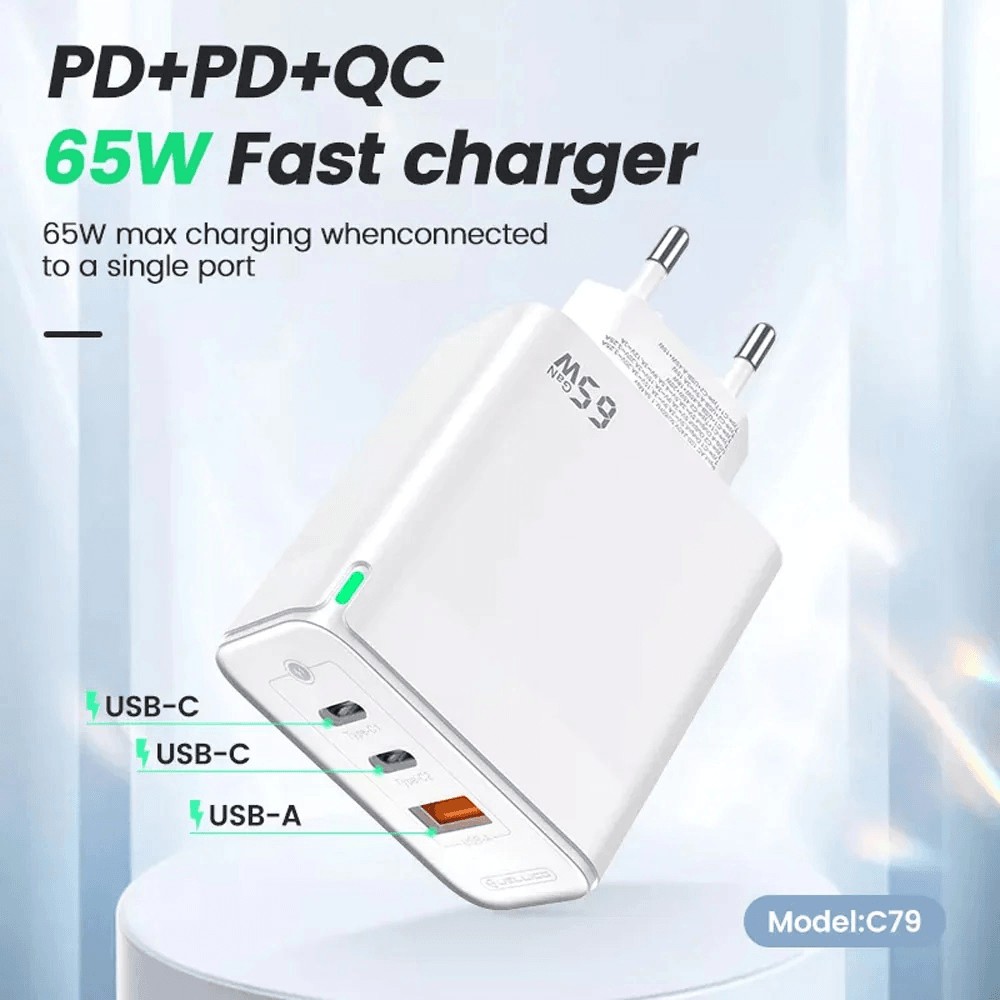 Jellico hišni polnilec adapter C79 220V Gun Quick Charge PD 65W vhod 1x USB A in 2x Type C - s kablom Type C - Type C 3.0 bel