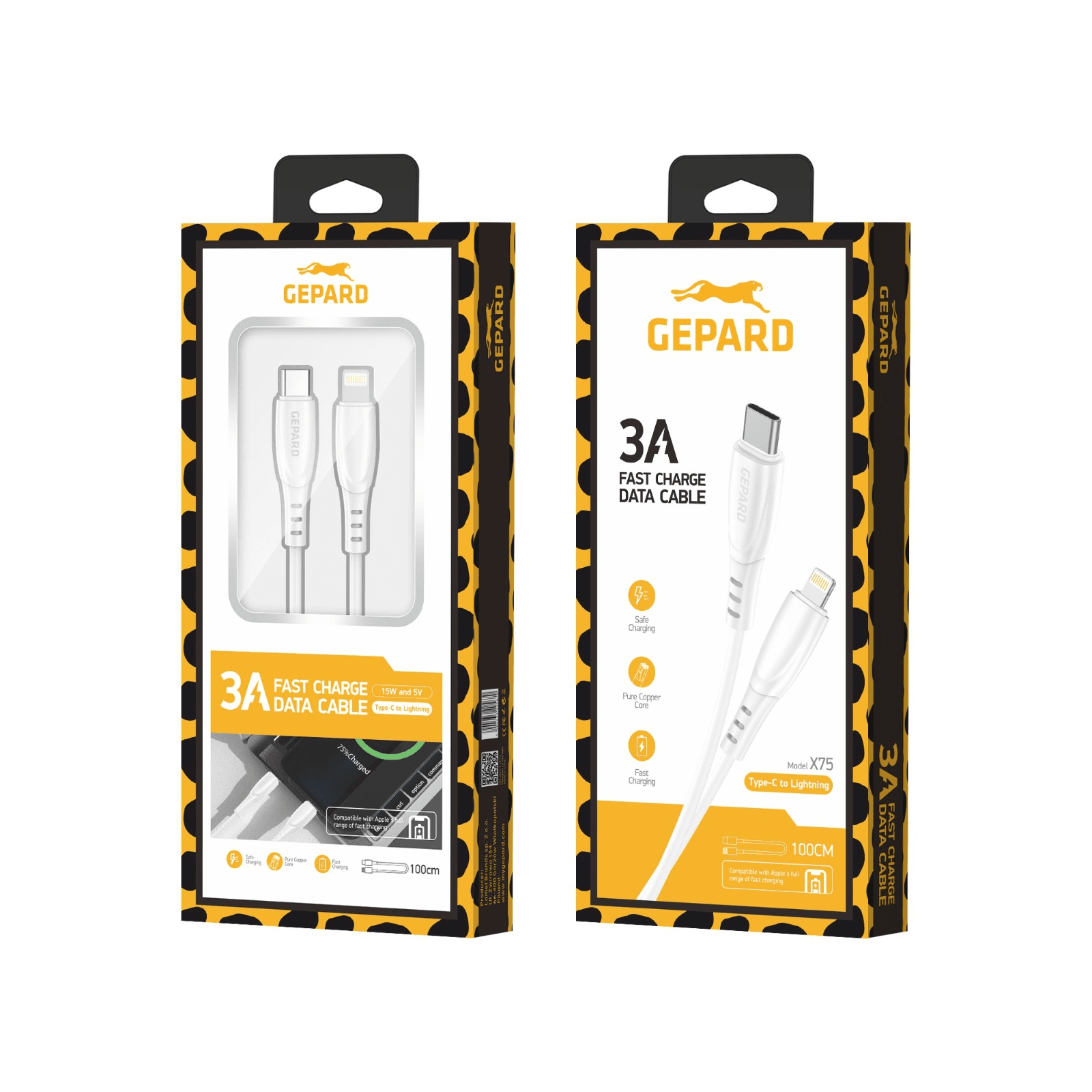 Gepard X75 podatkovni kabel (Quick Charge) 3.0A 15W Lightning na Type C 1m bel