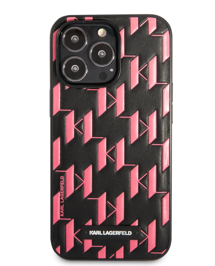 Originalen KARL LAGERFELD ovitek iPhone 13 Pro Max - Monogram Plaque - črno pink zaščita - KLHCP13XMNMP1P