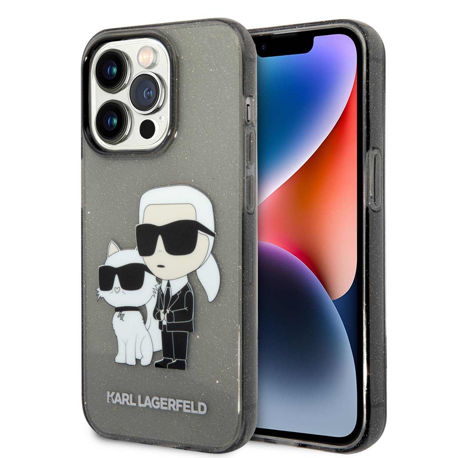 Originalen KARL LAGERFELD ovitek iPhone 14 Pro - Glitter IML NFT Full Bodies - prozorno črn ovitek z bleščicami - KLHCP14LHNKCTGK