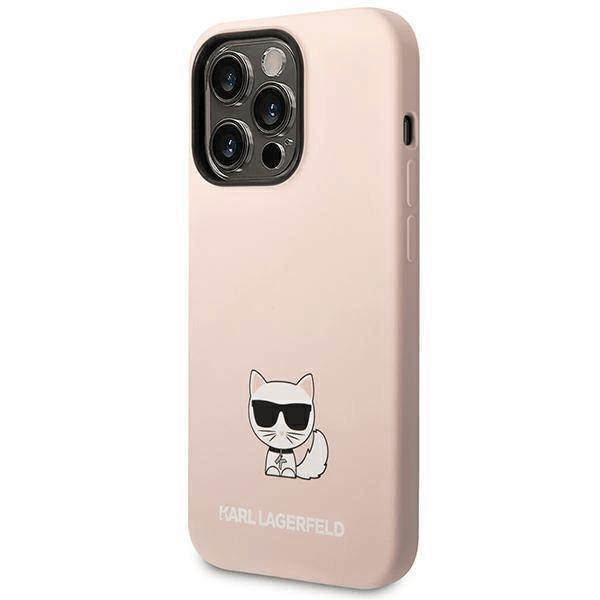 Originalen KARL LAGERFELD ovitek iPhone 14 Pro - Choupette Logo - roza silikonska zaščita - KLHCP14LSLCTPI