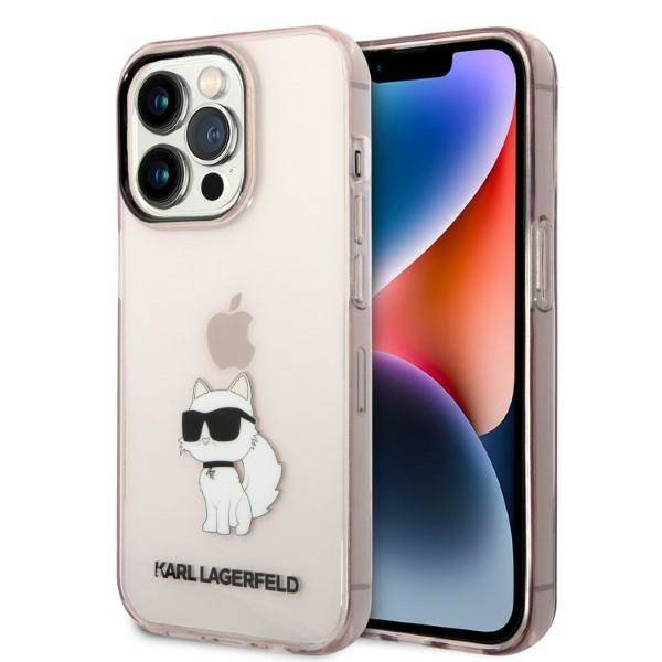 Originalen KARL LAGERFELD ovitek zaščit iPhone 14 Pro - IML NFT Choupette Logo -  prozorno roza ovitek - KLHCP14XHNCHTCP