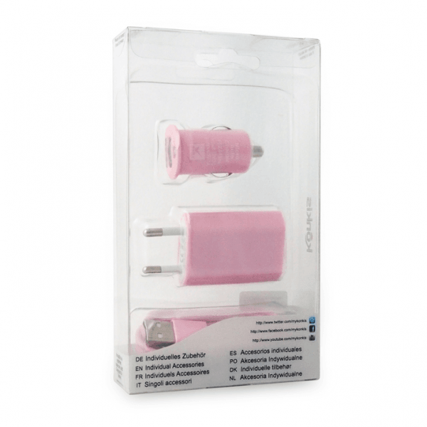 Konkis 3v1 microUSB Combo (hišni in avtopolnilec + podatkovni kabel) pink