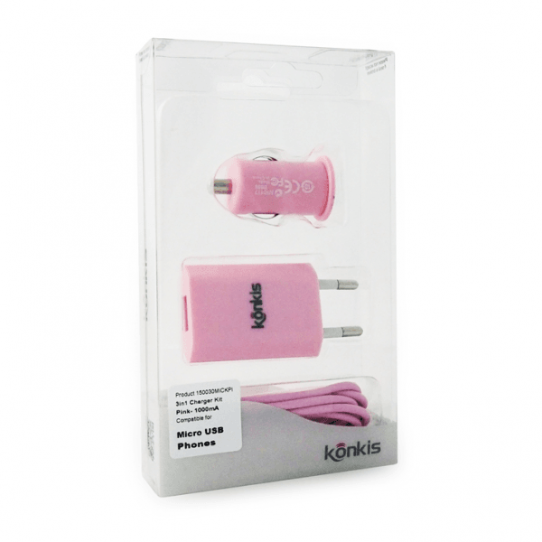 Konkis 3v1 microUSB Combo (hišni in avtopolnilec + podatkovni kabel) pink