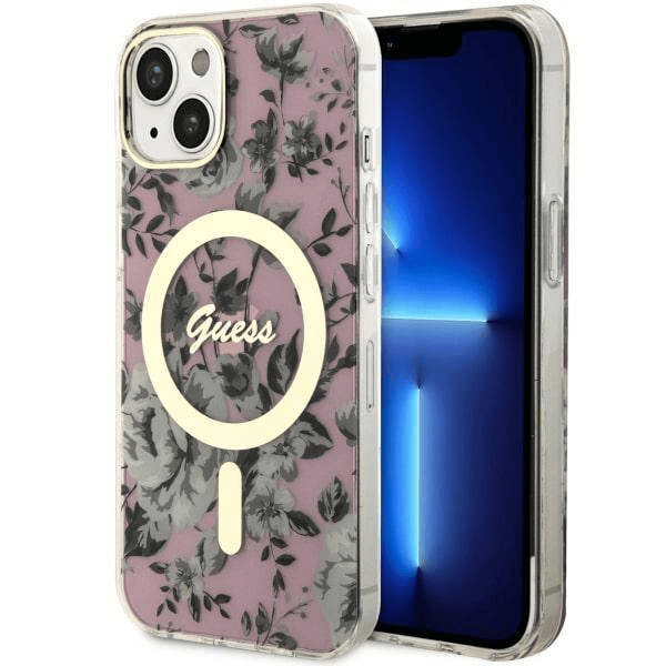 Originalni GUESS ovitek Flowers GUHMP13MHCFWSP z Magsafe za iPhone 13 6.1 - roza