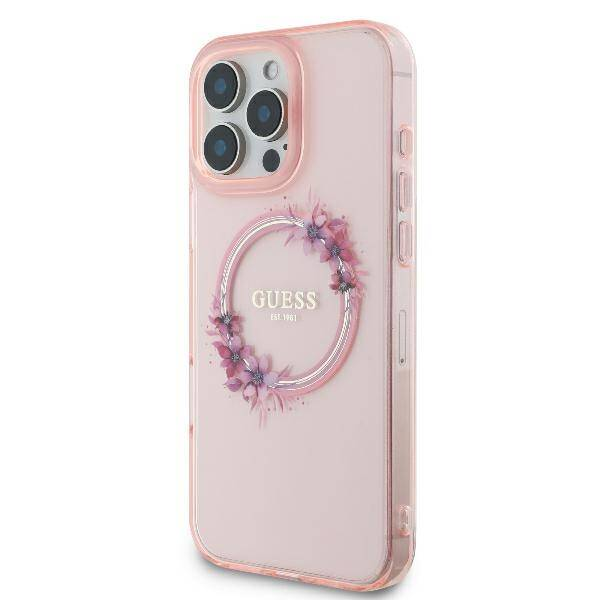 Originalni GUESS ovitek GUHMP16SHFWFCP za iPhone 16 - MagSafe - Flower - roza