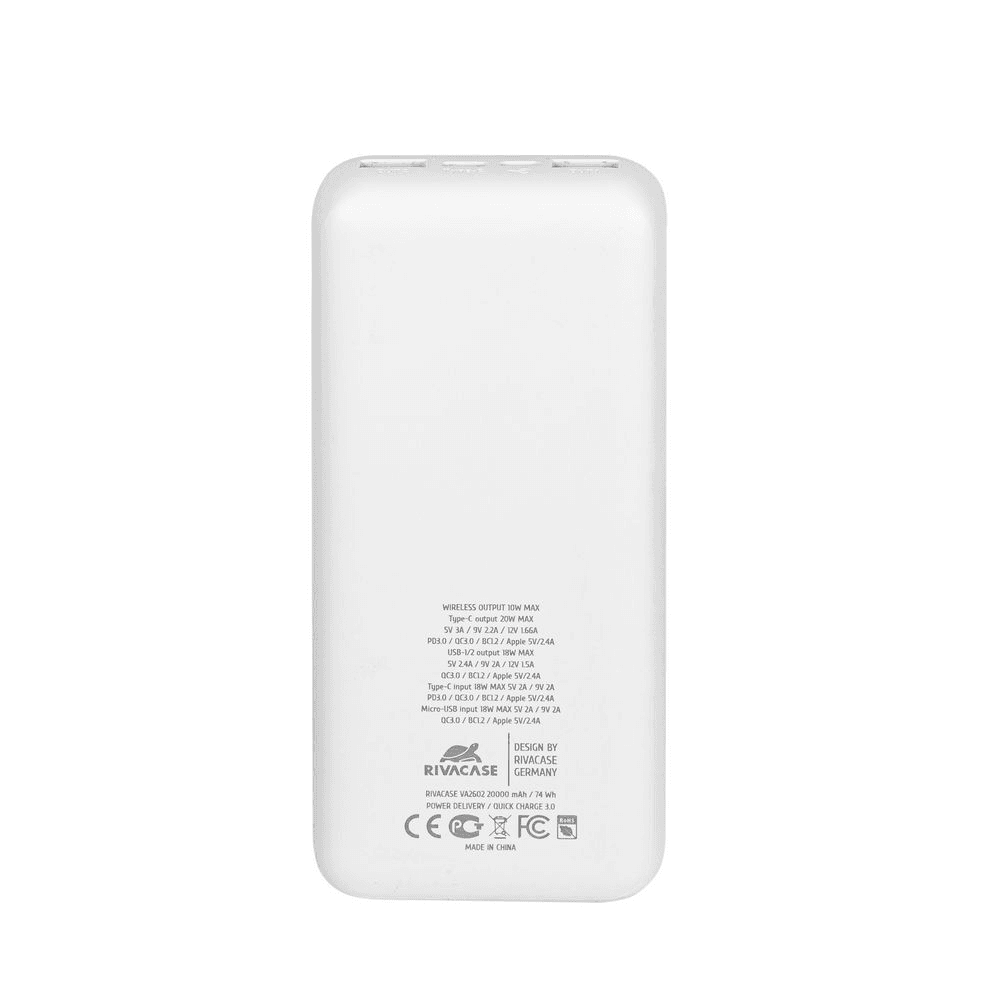 RIVACASE VA2602 zunanja baterija powerbank z brezžičnim polnjenjem 20.000 mAh 20W - bel