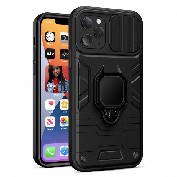 Silikonski ovitek Armor Ring z zaščito kamere za iPhone 16 - črn