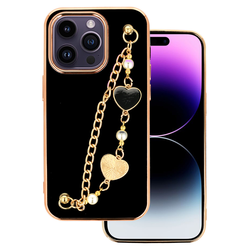 Trendy silikonski ovitek z zapestnico za iPhone 11 - črn s srčki