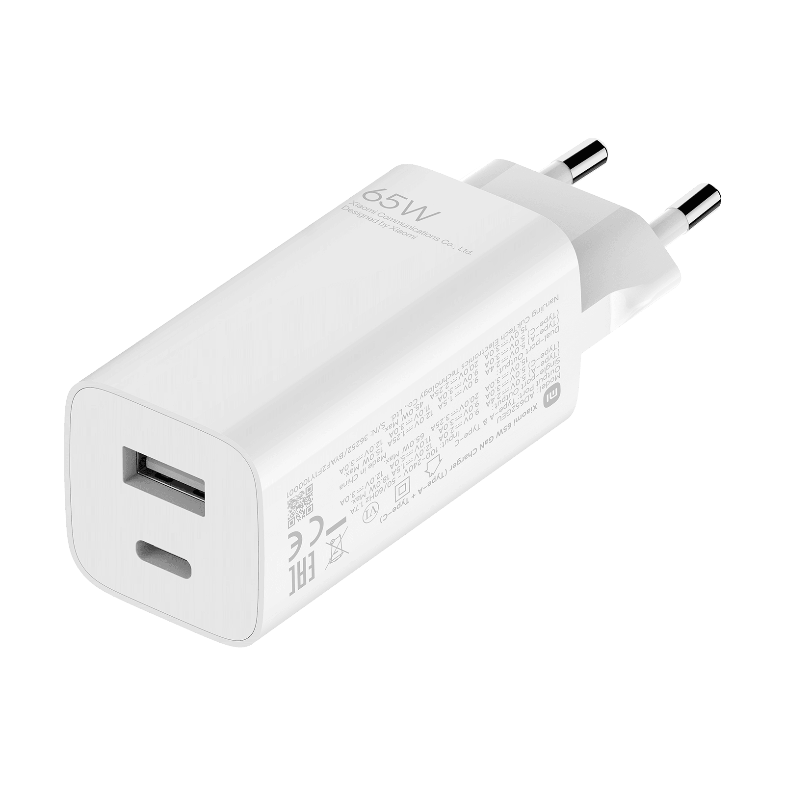 Xiaomi adapter BHR5515GL hišni polnilec 220V Quick Charge GunFast 65W vhod 2x Type C in USB A s kablom Type C - Original (EU Blister) bel